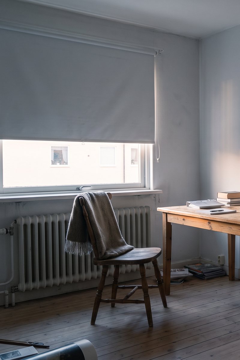 AI-generated attempt: an empty photographed room with a desk and a chair, before anyone is drawn in