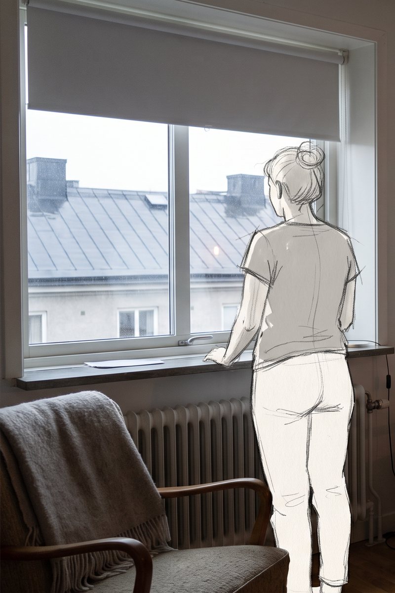 AI-generated attempt: an unpainted outline figure at the window of a photographed room