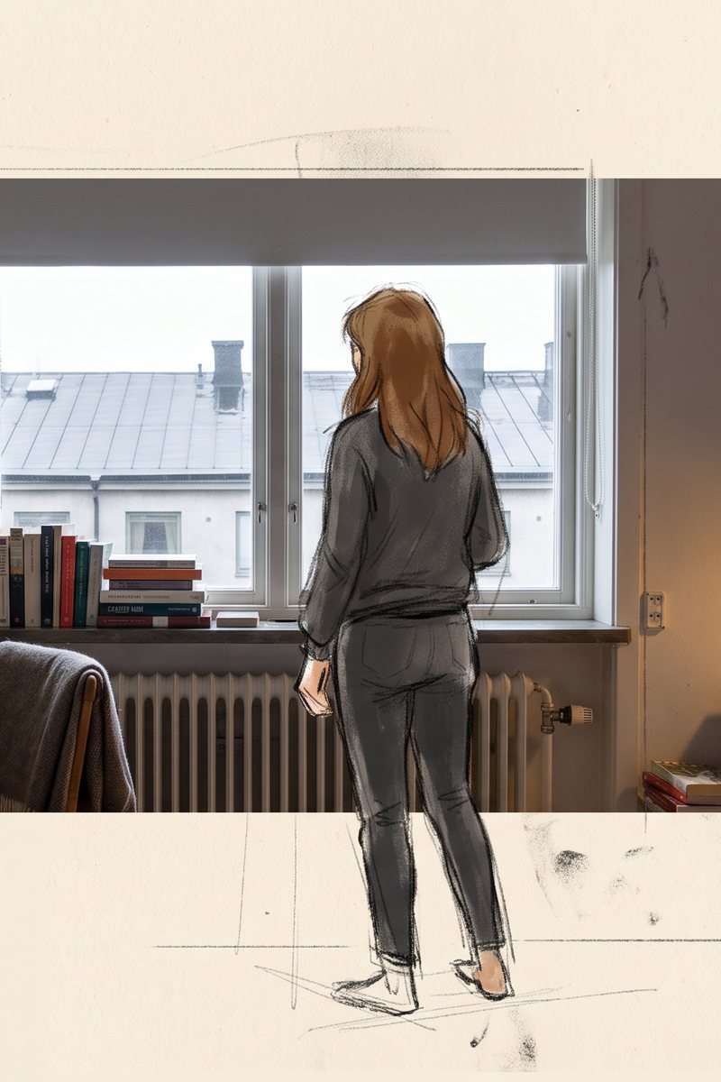 AI-generated attempt: a painted figure standing at a window, the room half photograph and half paper