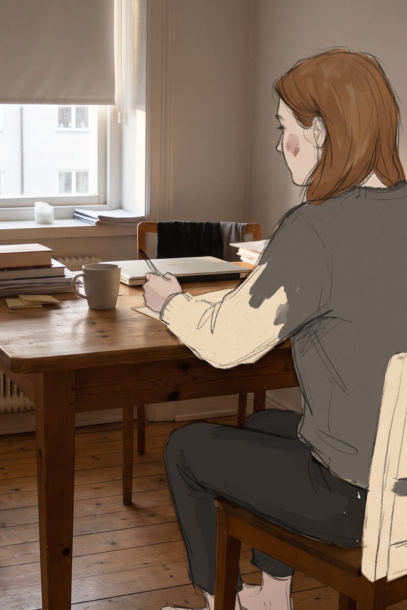 AI-generated attempt: Emma painted at a desk in a photographed room, the chair still unpainted